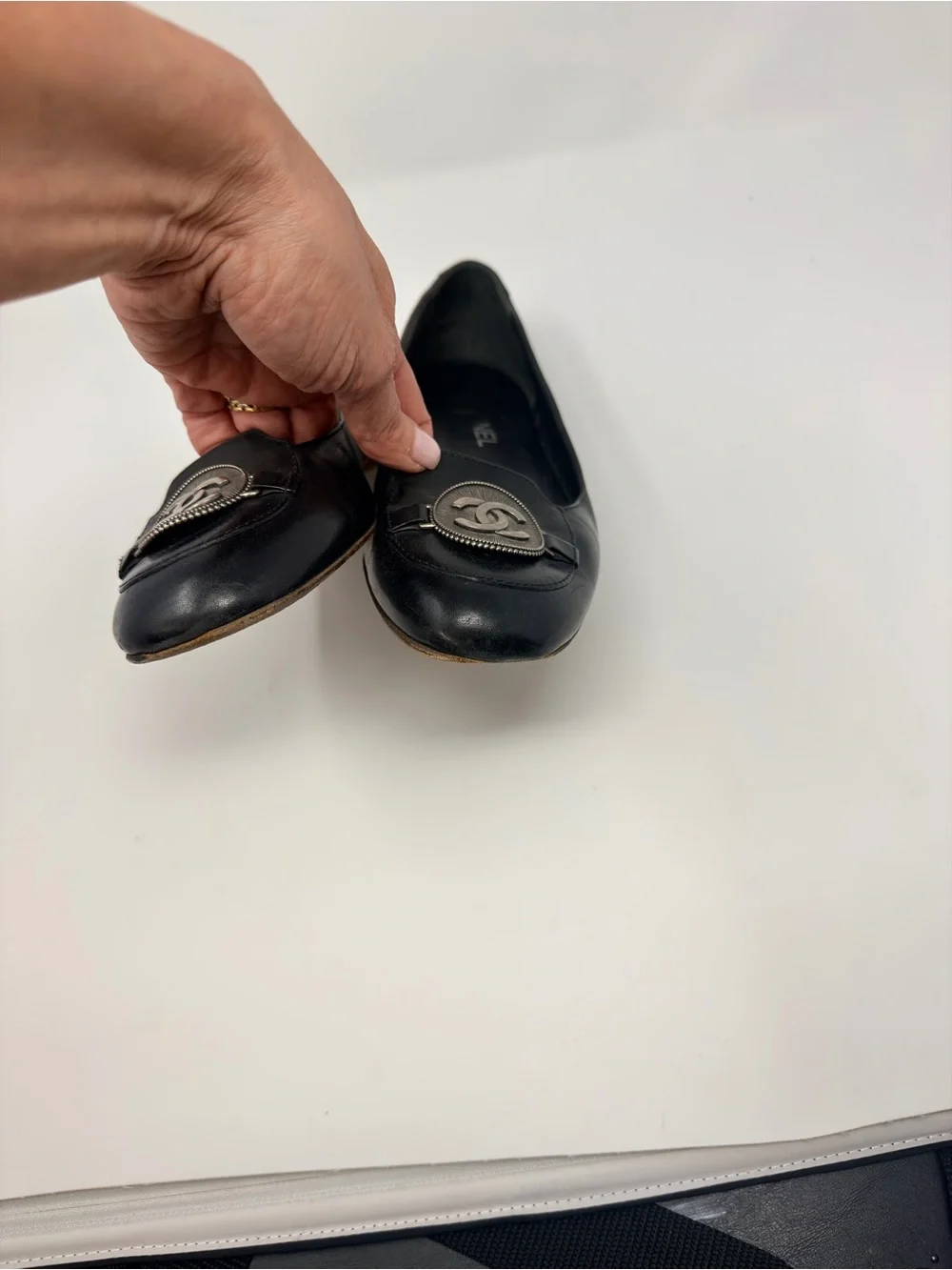 CHANEL Black Leather Loafers with Silver CC Emblem sz41